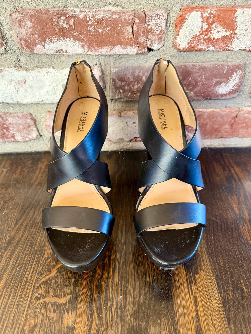 Michael Kors Black Leather Crisscross Wedge Sandals